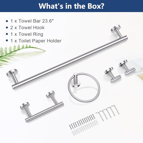 TQKAG Brushed Nickel 5 Piece Bathroom Hardware Accessories Set 23.6" SUS304 Stainless Steel Bathroom Towel Bar Holder Sets Double Post Pivoting Toilet Paper Holder Set Wall Mounted - color: Brushed Nickel, size: 5-Pieces Set-B