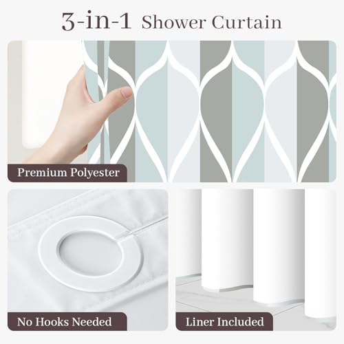 Yiatn No Hook Grey Shower Curtain with Snap in Liner Set - Hotel Style with See Through Mesh Top Window, Modern Geometric Waterdrop Design,Water-Repellent & Washable, 71x74 INCH - color: A. Grey, size: 71"W x 74"L (Pack of 1)