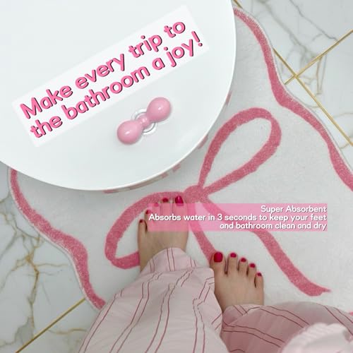 Bow Toilet Rug with Lid Lifter & Button; U-Shaped, Luxury, Scalloped Bathroom Mat; Non-Slip, Cute, Microfiber Soft Rugs Set — Pink Pastel Coquette Decor for Toilet Base (Pink, 24 x 20 Inches)