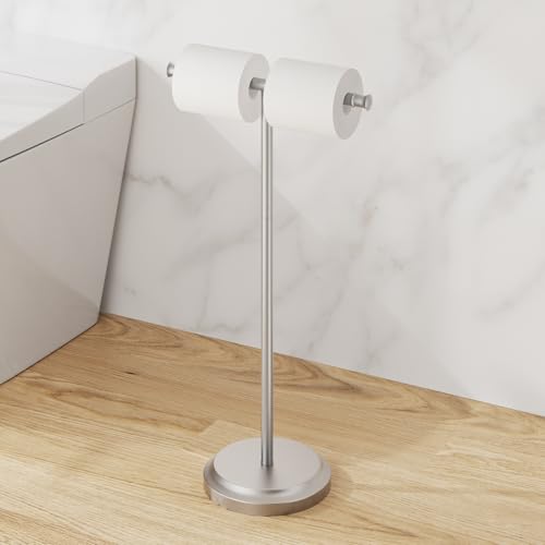 RUMOSE Toilet Paper Holder Stand Double Toilet Roll Holder for Floor | Brushed Nickel, 24" H, Bathroom Free standing Tissue Roll Holder, Rustproof, Weighted Base, Stainless Steel