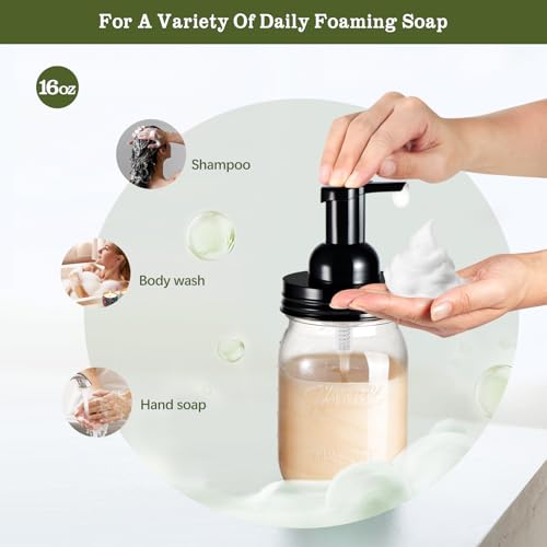 Amolliar Plastic Mason Jar Foaming Soap Dispenser with Pump Lid,16OZ Refillable Hand Soap Dispenser with Cute Lables, Farmhouse Decor for Kitchen/Bathroom, Lotion Dish Soap (1 Pack, Black) - color: Clear Jar With Black Pump, size: 1 Pack