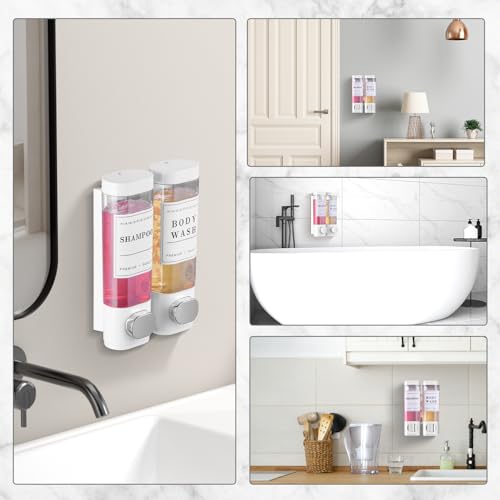Shampoo and Conditioner Dispenser Bathroom Shower Soap Dispenser Wall Mounted Shampoo Dispenser for Shower Wall No Drill 2 * 300ml White 2 Chamber with Waterproof Labels Self - color: White 2
