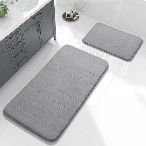 Yimobra Large Bath Mat Set 2 Piece- Super Soft Absorbent Quick Dry Memory Foam Bathroom Rugs, Machine Washable Non Slip Floor Carpet for Tub Shower & Double Vanity (17x24 & 44x24, Gray) - color: Grey, size: 44x24+24x17 Inch