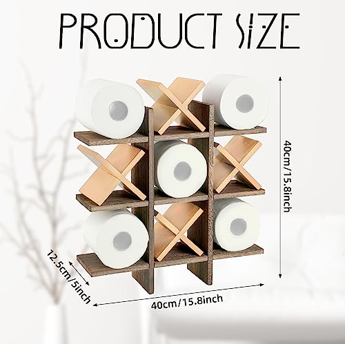 Weysat Tic Tac Toe Toilet Paper Holder Stand Bathroom Wall Decor Rustic Wooden Hanging Storage Freestanding Wall Mounted Shelves Decor for Toilet Tissue Farmhouse - color: Wood Color, Brown
