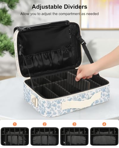 Relavel Makeup Bag Travel Train Case for Women and Girls, Cute Cosmetic Storage Organizer Box Portable Shoulder Bag with Adjustable Dividers and Makeup Brush Comparment, Floral Print - color: Floral Print, size: Medium