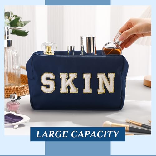 Preppy Makeup Bags Chenille Letter Stuff Bag Nylon Cosmetic Pouch Cases with Zipper for Women Travel Toiletry(Dark Blue,Classic,4 Pcs) - color: Dark Blue, size: Classic