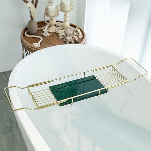 Expandable Bathtub Tray, 26.7-35.4 Inches Stainless Steel Bath Caddy Tray with Marble Base Adjustable Luxury Bath Trays for Tub Scented Candle Wine Glass Books (Gold+Green) - color: Gold+green