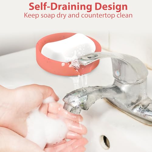 Silicone Bathroom Soap Dishes, Self Draining Waterfall Bar Soap Holder & Saver, Dish Soap Tray, Sponge Holder, 13 Non-Slip Suction Cups Dishwasher Safe for Bathroom Kitchen Shower Sink Organizer Red - color: Red