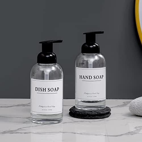 rejomiik Foaming Soap Dispenser Thick Glass Foam for Bathroom or Kitchen Sink, 12.7 oz Clear Pump Bottles for Hand soap, Body Wash, Black 2 Pack - color: Clear