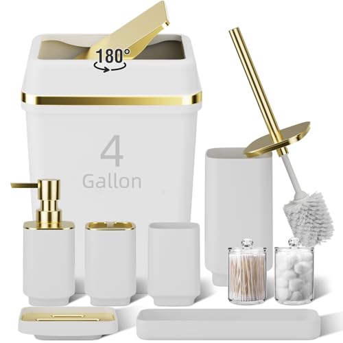 9PCS Bathroom Accessory Set, White Bathroom Set, Bathroom Accessories Set Complete with Trash Can, Toothbrush Holder, Soap Dispenser, Toilet Brush, Bathroom Decor - size: Bath Set with 4 Gallon Trash Can, style: White Swing-Top