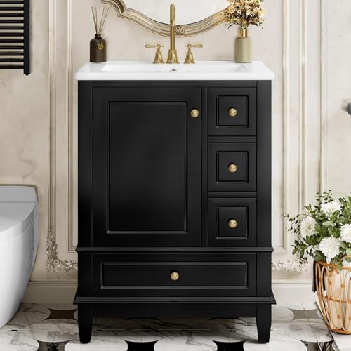 Linique 24" Bathroom Vanity with Sink Combo Set, Solid Wood Frame Bathroom Storage Cabinet with 3 Drawers, Soft Closing Door with Organizer, Black - color: Black, size: 24"/ Door with Organizer