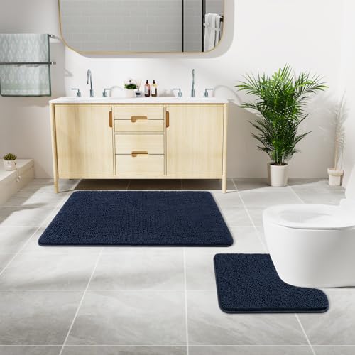 LOCHAS Bathroom Rugs Sets 2 Piece, Soft Non Slip Bath Mat Set, 20''x20'' U-Shaped Toilet Rug and 34''x21'' Navy Bath Rugs, Washable Absorbent Chenille Toilet Rug Set for Bathroom, Shower, Sink - color: Navy