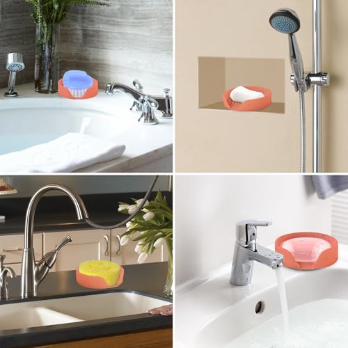 Silicone Bathroom Soap Dishes, Self Draining Waterfall Bar Soap Holder & Saver, Dish Soap Tray, Sponge Holder, 13 Non-Slip Suction Cups Dishwasher Safe for Bathroom Kitchen Shower Sink Organizer Red - color: Red
