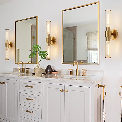 Hardwired Gold Bathroom Vanity Light Clear Glass Wall Sconce | Up & Down Bidirectional Lighting, Damp Rated For Bathrooms, Dimmable, Rustproof Gold Metal, 5-Year Manufacturer Warranty - color: Clear,Gold