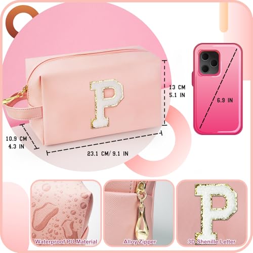 Personalized Initial Makeup Bag with Handle, Preppy Cosmetic Bag with Inner Zipper Pocket, 8 9 10 11 12 13 14 Years Old Girl, Graduation Gifts for Teen Girls Women Teachers (P, Pink) - color: Pink, style: P