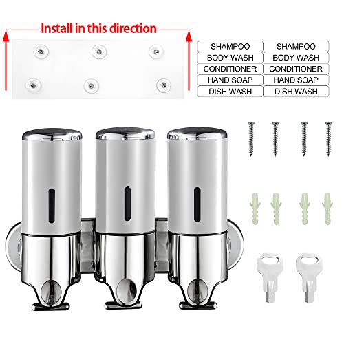 No-Drill 3 Pack 500ml Wall Mounted soap Dispenser for Bathroom and Kitchen, Shampoo and Conditioner Dispenser Drill Free with Adhesive(Round-Silve) - color: Silver-1