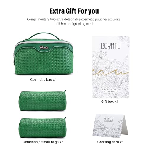 BOYATU Travel Makeup Bag Cosmetic Bags for Women: Large Capacity 3 Pcs Set Make up Bag with Compartments - Waterproof Vegan Leather Toiletry Organizer Bags with Handle (L38 Green) - color: L38 Green