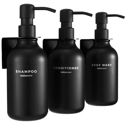 Shampoo and Conditioner Dispenser Wall Mounted Set of 3 Black - No Drill Shower Soap Dispenser for Bathroom Refillable - Spa Hotel Style Accessories by MaisoNovo - color: Black Set of 3