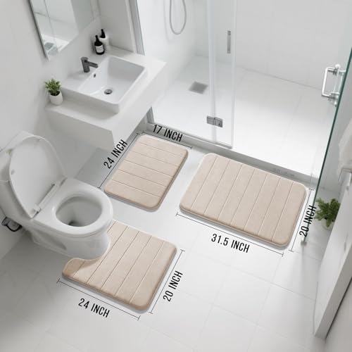 Yimobra Memory Foam Bath Mat Set 3 Pieces- Super Soft Absorbent Quick Dry Bathroom Rug Sets, Machine Washable Non Slip Floor Carpet for Tub Shower, Vanity & Toilet Base, Beige - color: Beige, size: 31.5''x20'' +17''x24'' + 24''x20''