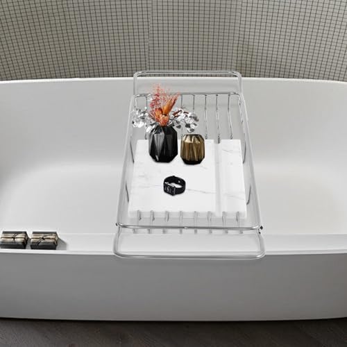 Expandable Bathtub Tray Caddy Shelf with Marble Table Mobile/Tablet Stand, Luxury Bath Tub Tray Rack, Bathroom Home Spa Shower Accessories Perfect Relaxing Spa Gifts for Women and Towel - color: Silver Rack+white Marble Board