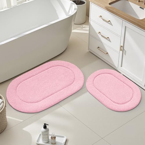 HOMEIDEAS Bathroom Rugs Sets 2 Piece, Soft Bathroom Mats and Absorbent Microfiber Machine Washable Bath Mats for Shower Room, Bathtub, Kitchen (20" x 32" + 16" x 24", Pink) - color: Pink