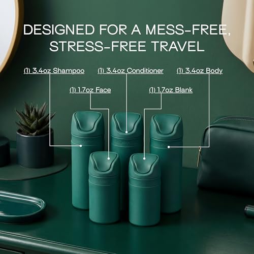 RIES Essential Refillable Toiletry Travel Bottles Airless Pump Set | TSA Approved, Leak Proof Airless Pump, BPA Free Recycled Plastic, 5 Piece Escapade Green Color Set, Dishwasher Safe - color: Escapade Green