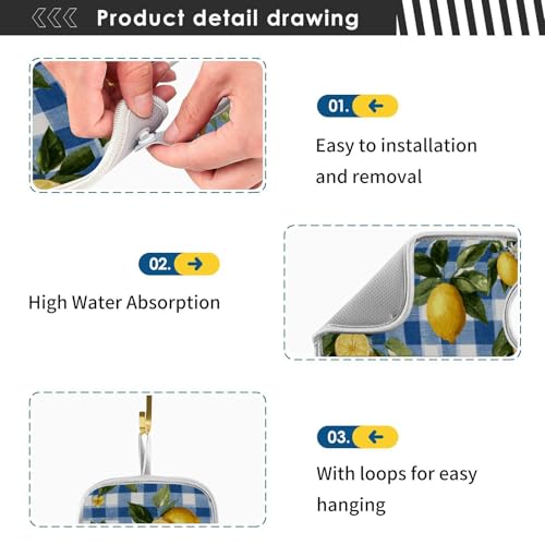 Blue Gingham Summer Lemons Yellow Dandelions Sink Mat for Faucet Sink Splash Guard Faucet Handle Drip Catcher for Kitchen Bathroom Absorbent Microfiber Dish Drying - color: Blue Gingham Summer Lemons Yellow Dandelions, size: 14.9x5.5in x2