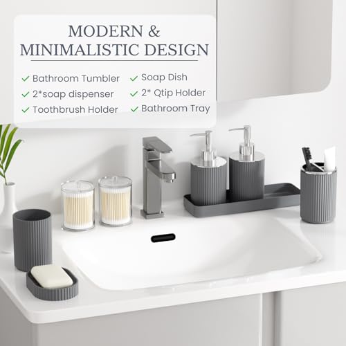Grey Bathroom Accessories Set, 10PC Bathroom Set, Bath Accessory with Pop Up Trash Can, Soap Dispenser, Toilet Brush, Toothbrush Set Qtip Holders & Tray - color: Gray & Silver, size: 10-Piece Set (Accessories Only)
