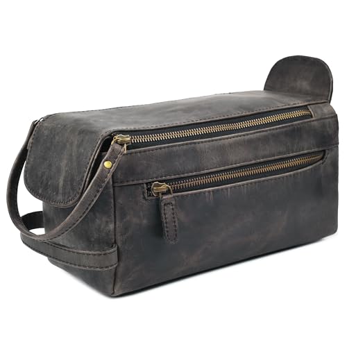 Full Grain Leather Toiletry Bag for Men & Women – Water-Resistant Travel Shaving Kit Organizer with YKK Zipper, Spacious Bathroom Grooming & Cosmetic Storage Case - Chalkboard Grey - color: Charcoal Grey