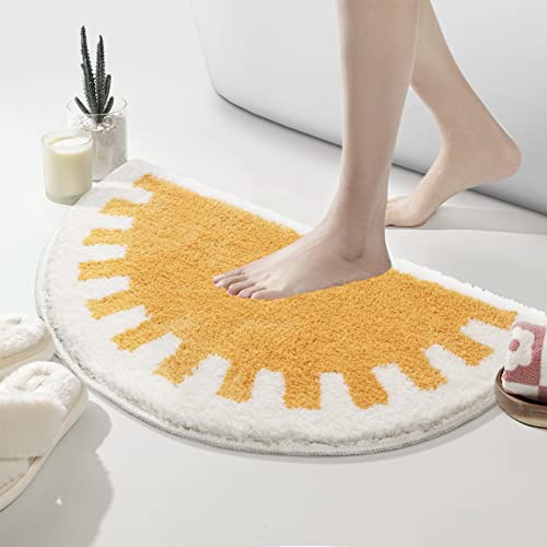 TRUEDAYS Bathroom Rugs Sun Bath Mat, Half Circle Cute Sunrise Bath Mat Soft and Fluffy, Water Absorbent Bath Rug Machine Washable Bathroom Mat - color: Yellow
