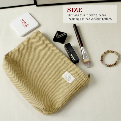 HAPPYHEIDI Cute Corduroy Makeup Bag with Pocket, Large Cosmetic Travel Pouch, Vintage Yellow, Lightweight, Zipper Closure, Canvas Lined - color: LG Camel Brown Corduroy