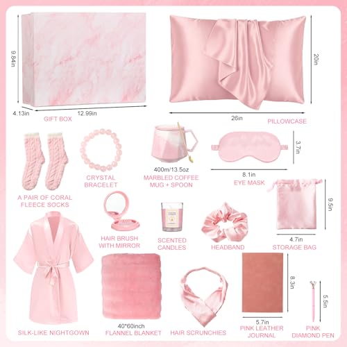 Twistover 16 Pcs Birthday Gifts for Women: Luxury Robe & Blanket Spa Gift Basket for Women -scented Candle, Mug, Notebook, Pillowcase & Spa Accessories(Pink) - color: Pink