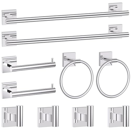 Polished Chrome Bathroom Hardware Accessories Towel Bar Set, 10 Pieces Bathroom Towel Bar Holder Set, 23.6 Inch Stainless Steel Toilet Paper Holder Towel Racks for Bathroom Wall Mounted - color: Polished Chrome, size: 10pieces A