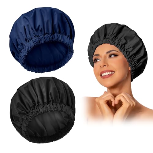 Edoneery Reusable Shower Caps for Women, Waterproof Long Hair Bonnet | Washable Design, Wide Elastic Band, Large Fit, Holds Long Hair, Braids Friendly, Bath Accessories, Spa, Travel - color: Black&Navy