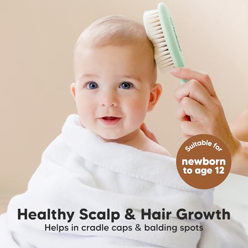 Wooden Baby Hair Brush for Toddler, Infant Cradle Cap (Sage, Regular) | Soft Goat Bristles Brush for Newborn Girl, Boy Hair, Scalp, Styling, Gentle Grooming, Baby Comb, Baby Bath Essentials - color: Sage, size: Oval, Regular 7"