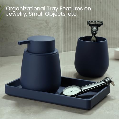 Blue Bathroom Accessories Set, Modern 3 Pcs Bathroom Essentials - Soap Dispenser, Toothbrush Holder & Tray, Countertop Vanity Organizer (Blue) - color: Blue