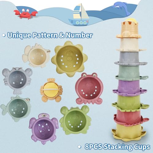 Baby Bath Toys for Toddlers 1-3, 14 Pcs Bathtub Toys for for Kids Age 2-4,Mold Free Bath Boat with Stacking Cup & Watering Can , Water Table Toys for Infants Boys Girls Babies 6-12-18 Months - style: Marine Animals