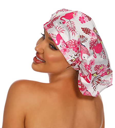 HIUMI Shower Cap for Women, Large Shower Cap for Long Hair Cute Reusable Shower Caps Waterproof Bath Cap(Pink) - color: pink