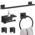 5-Piece Black Bathroom Hardware Set, SUS304 Stainless Steel Bathroom Accessories Set 23.6 inches Towel Bar, Toilet Paper Holder with Shelf, Towel Ring and Two Towel Hooks Wall-Mounted - color: Black, size: 5 Pieces - With Shelf