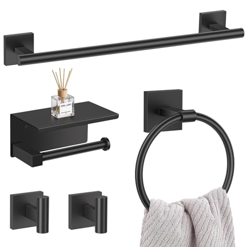 5-Piece Black Bathroom Hardware Set, SUS304 Stainless Steel Bathroom Accessories Set 23.6 inches Towel Bar, Toilet Paper Holder with Shelf, Towel Ring and Two Towel Hooks Wall-Mounted - color: Black, size: 5 Pieces - With Shelf