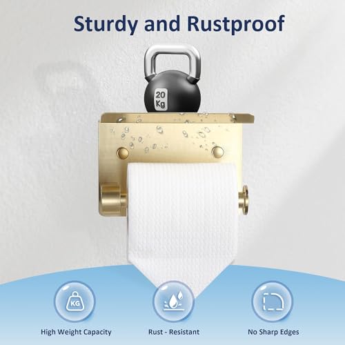BGL Toilet Paper Holder with Shelf, Jumbo Roll Toilet Paper Holder for Large Rolls,Brushed Gold Adhesive Toilet Roll Holder for Bathroom，Renter Friendly Toilet Paper Holder - color: Gold