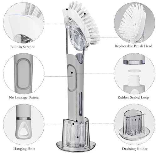 Soap Dispensing Replacement Dish Brush Storage Set with 2 PCS Brush Refills & Holder - RIMAY Dispenser Scrub Cleaning Scrubber Kitchen Dishwashing Dish Wand Handle for Dishes/Pans/Pots/Sink(Grey) - color: Gray