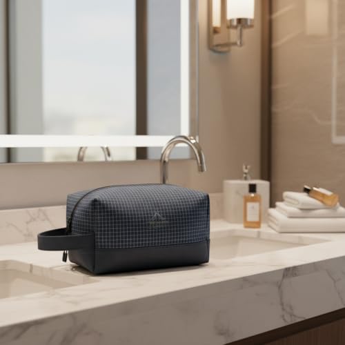 GOX Premium Plaid & Leather Travel Toiletry Bag with Reinforced Handles Cosmetic Organizer (9x5.1x5.1 inches) for Bathroom, Shaving, Makeup Essentials (Navy) - color: Navy