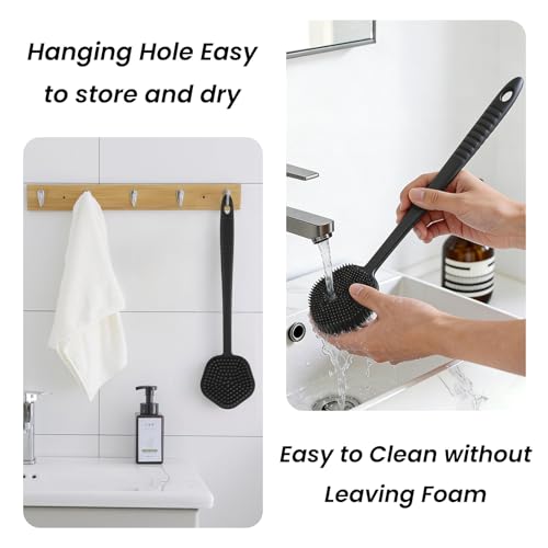 Redfly Silicone Back Scrubber for Shower Brush, 17 inch Long Handled Silicone Body Scrubber, Double Sided Shower Scrubber for Body Brush - color: Ink-black