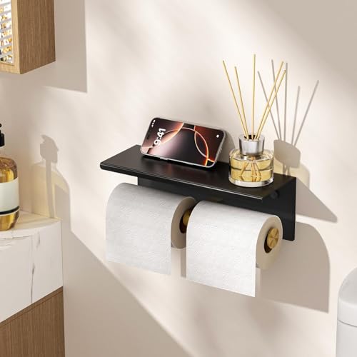 FORIOUS Double Toilet Paper Holder with Shelf, Wall Mount Tissue Roll Holder for Bathroom, 304 Stainless Steel Commercial Toilet Tissue Dispensers with Phone Shelf (1, Matte Black & Brushed Gold) - color: Matte Black & Brushed Gold