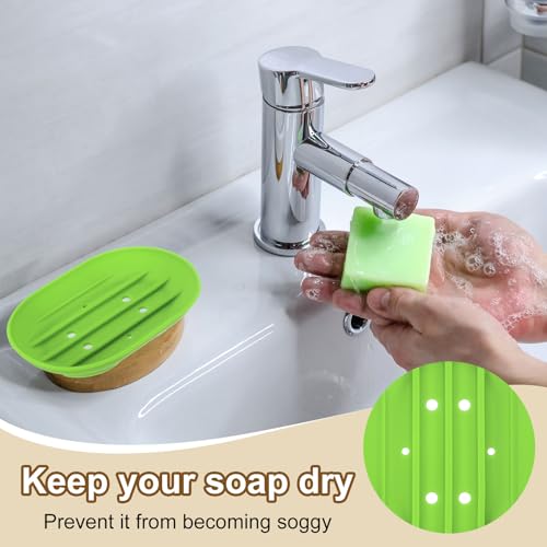 uxcell 3Pcs Small Soap Dish, Silicone Bathroom Soap Holder Oval Shape Bar Soap Dish Self-Draining Soap Tray with Holes for Shower, Bathroom, Kitchen, Counter Top (Green) - color: Green