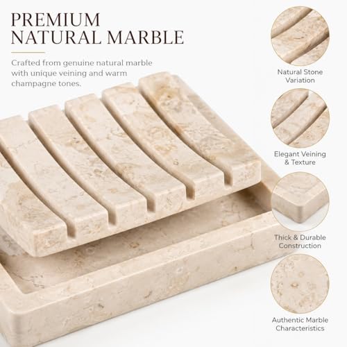 Creative Home Natural Champagne Marble Soap Dish, Beige, 5.2" x 4" | Handcrafted Stone, Non-Slip Base, Spa Collection Accessory, For Bathroom or Kitchen Sink - style: Soap Dish