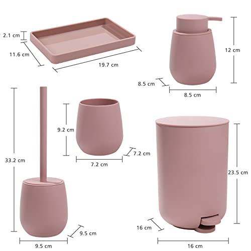 GAHEFY Pink Bathroom Accessories Set with Small Trash Can 3 Liter/0.8 Gallon,Toothbrush Holder,Soap Dispenser,Vanity Tray,Toilet Brush and Holder Pink 5PCS - style: Pink 5pcs