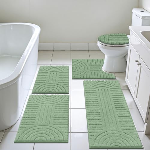 SHACOS Sage Green Microfiber Bathroom Rugs Sets 5 Piece Ultra Soft | Absorbent Bath Mat with Bath Runner, U Shape Contour Rug, Toilet Lid Cover, Non Slip Machine Washable Carpet for Bathroom - color: Sage Green
