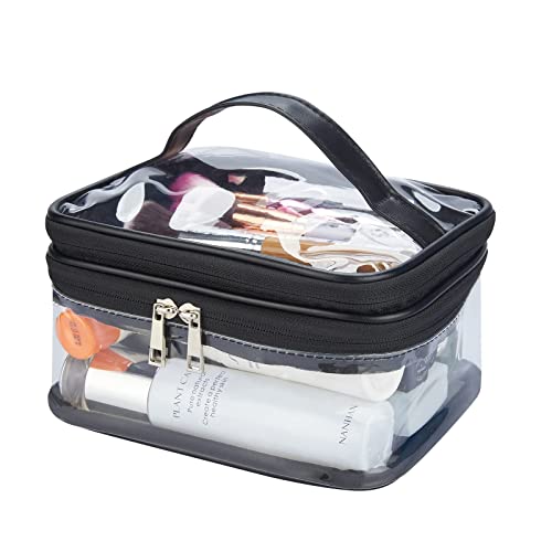 Double Layer Clear Cosmetic Bag Makeup Bag, Waterproof Travel Toiletry Bag, Transparent PVC Hair & Nail Accessories Pouch Beach Bag Organizer (Black) - color: Black